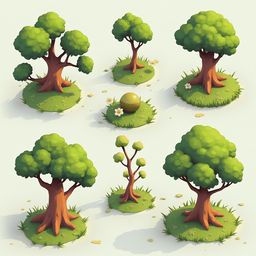 Six stylized trees with unique shapes and sizes are arranged on small green bases, displaying various shades of green leaves.
