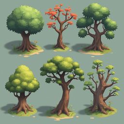 Six stylized trees with varying foliage colors and shapes are arranged against a light blue-green backdrop.