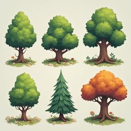 Six trees with unique foliage and ground cover are arranged against a light green backdrop.