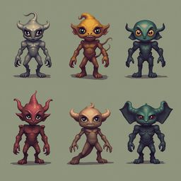 Six unique, cartoon-like creatures with distinct features and colors stand against a light green backdrop.