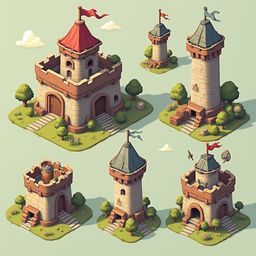 Six unique, castle-like structures with red roofs, towers, and flags are arranged against a light green backdrop.