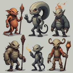 Six unique creatures with distinct features and weapons stand against a light gray backdrop.