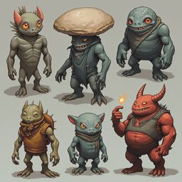 Six unique creatures with distinct features and attire populate a grayish-blue setting, displaying a range of colors and textures.