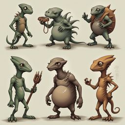 Six unique creatures with distinct features and colors populate a grid-like arrangement.