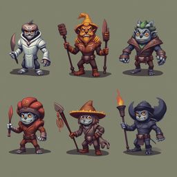 Six unique fantasy creatures, each with distinct attire and weapons, stand against a muted green backdrop.