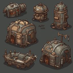 Six unique, rounded structures with metallic and organic designs are arranged against a gray backdrop.