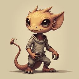 A small dragon-like creature with orange skin, green eyes, and pointed ears stands on hind legs, wearing a gray shirt and pants, with a curled tail.