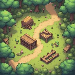 A small village in a forest setting features wooden buildings, a dirt road, and lush greenery.