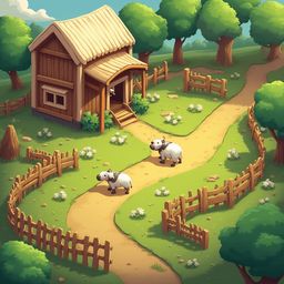 A small wooden cabin sits in a lush forest, accompanied by two white cows and a winding dirt path.