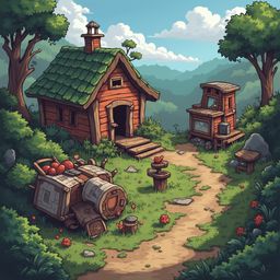 A small wooden cabin with a green roof and chimney sits in a lush forest, accompanied by a makeshift apple press and vibrant red flowers.