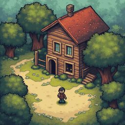 A small wooden cabin with a red roof and chimney stands in a lush green forest, accompanied by a young boy on a dirt path.