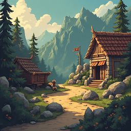 A small wooden cabin with a red roof and flag stands on a winding dirt path, surrounded by tall trees and majestic mountains.