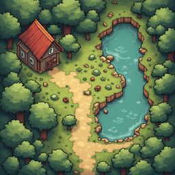 A small wooden cabin with a red roof sits beside a winding river in a lush forest, creating an isometric scene.