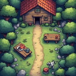 A small wooden cabin with a red roof, table, and bench is set amidst a lush forest, accompanied by a cow, bird, and red bucket.