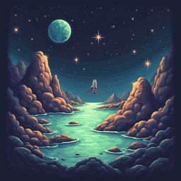A spaceship soars above a turquoise body of water, flanked by rocky mountains and backed by a star-studded night sky.