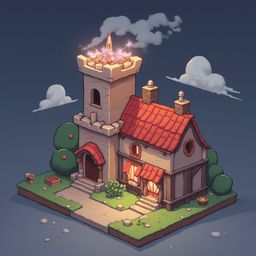 A stone castle with a red roof, tower, and chimney stands on a small island, surrounded by water, with red apples and a small fire pit nearby.