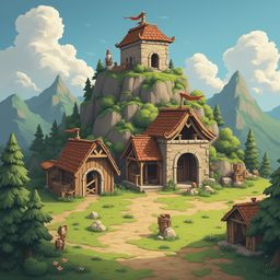 A stone castle with orange roofs sits atop a cliff, surrounded by trees and mountains, with a small village in the foreground.