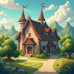 A stone castle with red-roofed towers and flags stands amidst lush greenery, backed by a serene blue sky and green mountains.