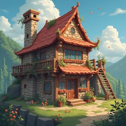 A stone cottage with a red roof, chimney, and balcony sits on a hill, surrounded by trees and mountains, with red flowers in the foreground.