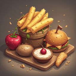A stylized food arrangement features a burger, fries, tomato, potato, sauce, and a cherry, presented on a brown tray.