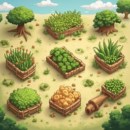 A stylized garden scene features eight wooden planters with various plants, a stone cannon, and trees under a blue sky.