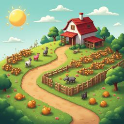 A sunny farm scene features a red-roofed house, orange trees, cows, goats, and hay bales, with a winding dirt path and green fields.