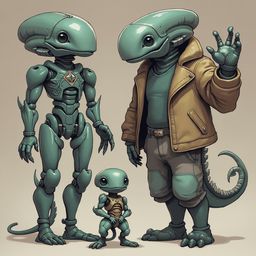 Three alien-like creatures, varying in size, stand on a beige surface, displaying unique features and poses.