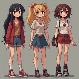 Three anime-style female characters, each with distinct outfits and hairstyles, stand against a gray background.