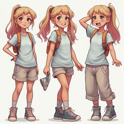 Three blonde-haired cartoon girls in white t-shirts, khaki shorts, and sneakers, display various poses and expressions.