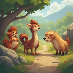 Three cartoon animals, including a dog, a cat, and a hyena, stand on a dirt path in a forest with green trees and mountains in the background.