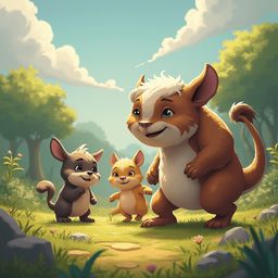 Three cartoon animals, including a white-furred creature, stand on a grassy path surrounded by trees and rocks.