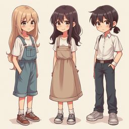 Three cartoon characters, a blonde girl in overalls, a girl in a dress, and a boy in white shirt and blue pants, stand side by side.