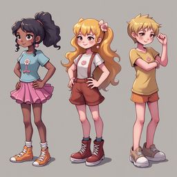 Three cartoon children, each with distinct outfits and hairstyles, stand against a neutral background.