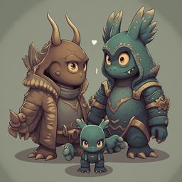 Three cartoon creatures, dressed in brown, blue, and green, stand together on a gray background.