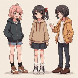 Three cartoon girls in casual attire: pink, beige, and brown, stand against a light beige background.
