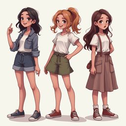 Three cartoon girls in distinct outfits stand against a white background, displaying different hairstyles and clothing choices.