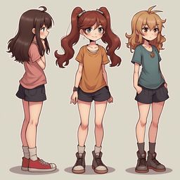 Three cartoon girls with distinct hairstyles and clothing (purple, brown, teal) stand together against a light gray background.