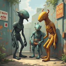 Three fantastical creatures, varying in size and color, interact in a narrow alleyway with signs and a small plant.