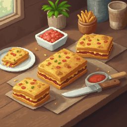 Three pixel art sandwiches, tomatoes, condiments, and utensils are arranged on a wooden table with a window and plant in the background.