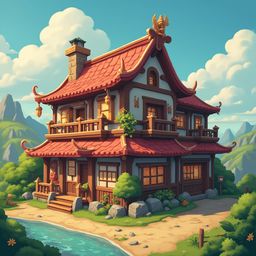 A traditional Chinese-style house with a red tiled roof, wooden beams, and ornate roofing sits near a serene river, surrounded by lush greenery.
