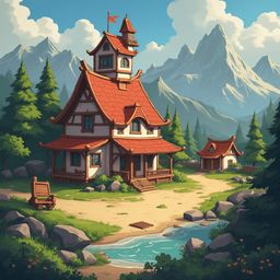 A traditional red and white house with a tower sits near a small stream, surrounded by lush greenery, majestic mountains, and a clear blue sky.