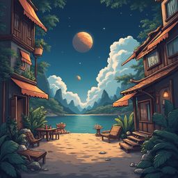 A tropical village at night, with wooden buildings, orange awnings, and a sandy path leading to a lake, reflects the moon and stars.