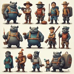 Twelve cartoon characters, each unique in appearance and attire, gather against a light beige backdrop, displaying diverse poses and accessories.