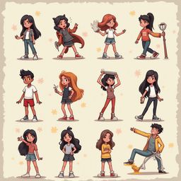 Twelve cartoon characters in various outfits and poses, arranged in a 3x4 grid against a light yellow background.