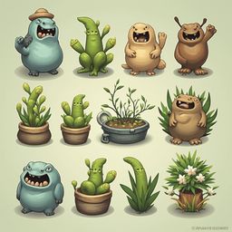 Twelve cartoon creatures interact with various potted plants, including cacti, ferns, flowers, and moss, against a light green backdrop.