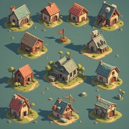 Twelve colorful, miniature houses with unique features are arranged in a 3x4 grid on a light blue-green background.