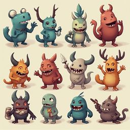 Twelve colorful monsters, each with unique features and poses, are arranged in a 3x4 grid against a light beige background.