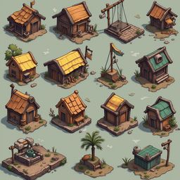Twelve colorful, rustic houses and structures are arranged in a 4x3 grid on a light blue background, featuring yellow, green, brown, and orange hues.
