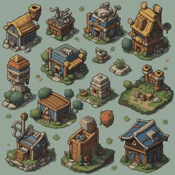 Twelve colorful, uniquely designed houses are arranged in a grid on a light blue background, featuring various roof styles and sizes.