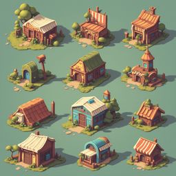 Twelve colorful, whimsical houses with unique features are arranged in a 3x4 grid on a green background.